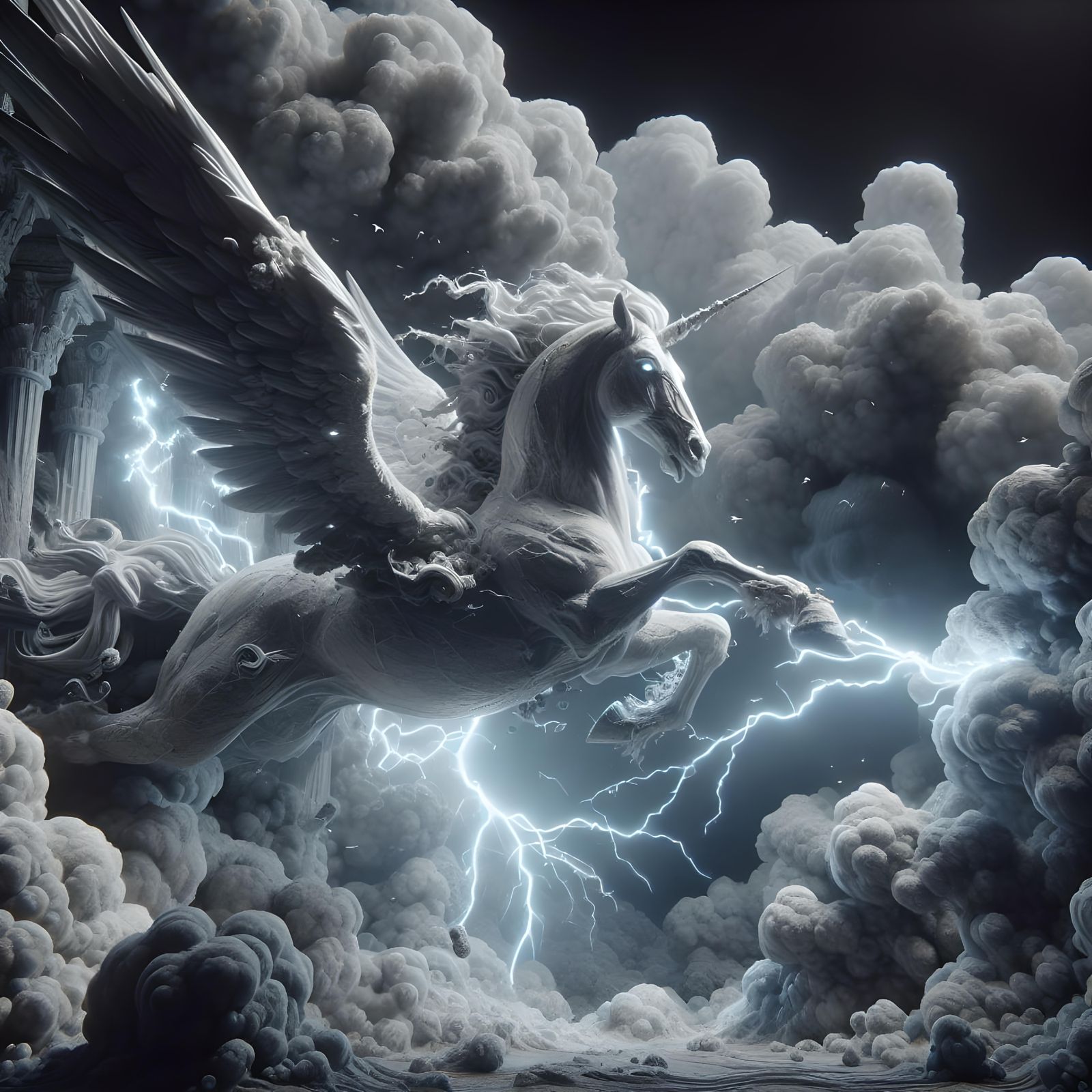 Pegasus Sculpture in Thunderstorm: Matte Painting