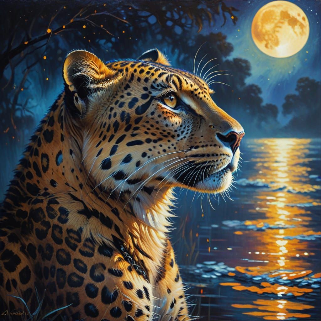 Vibrant Oil Painting of Leopard by Moonlit Water
