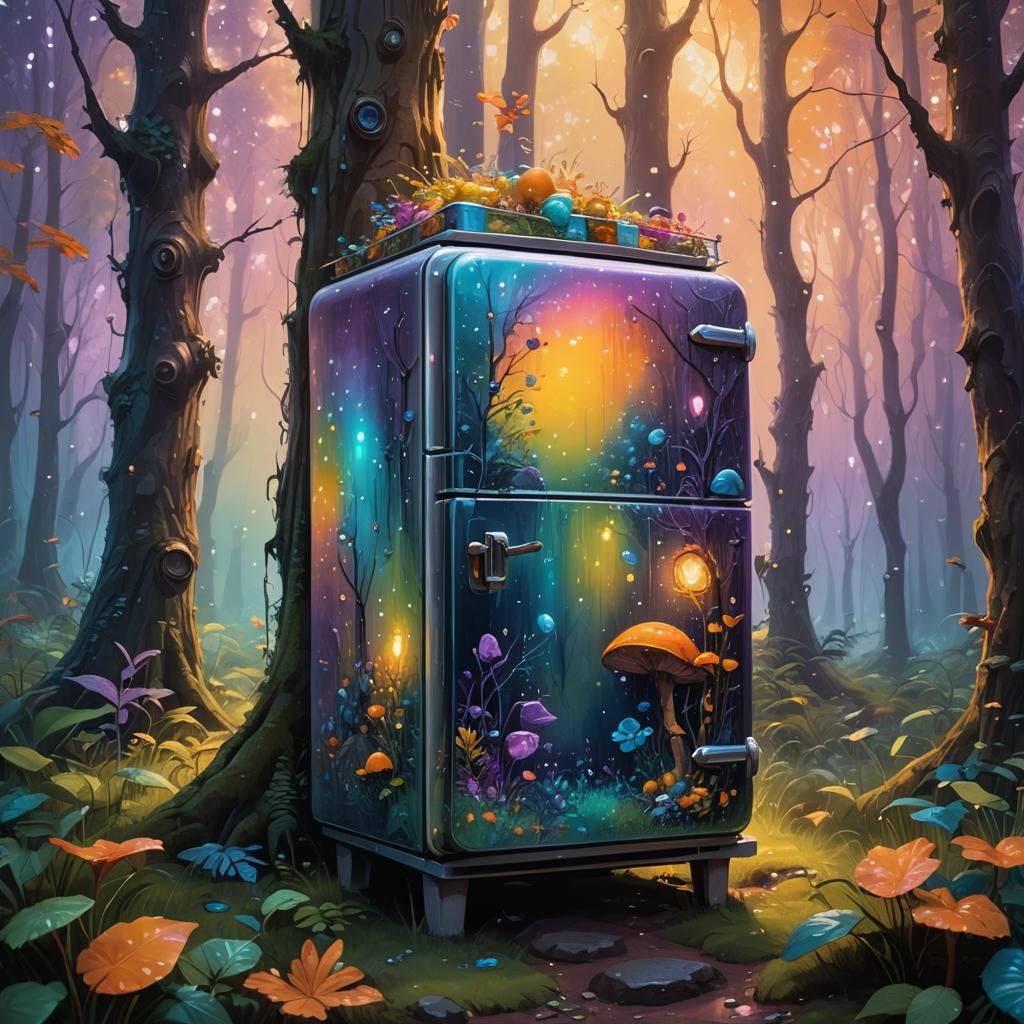 Humorous Fridge with Toilet in Fantasy Forest