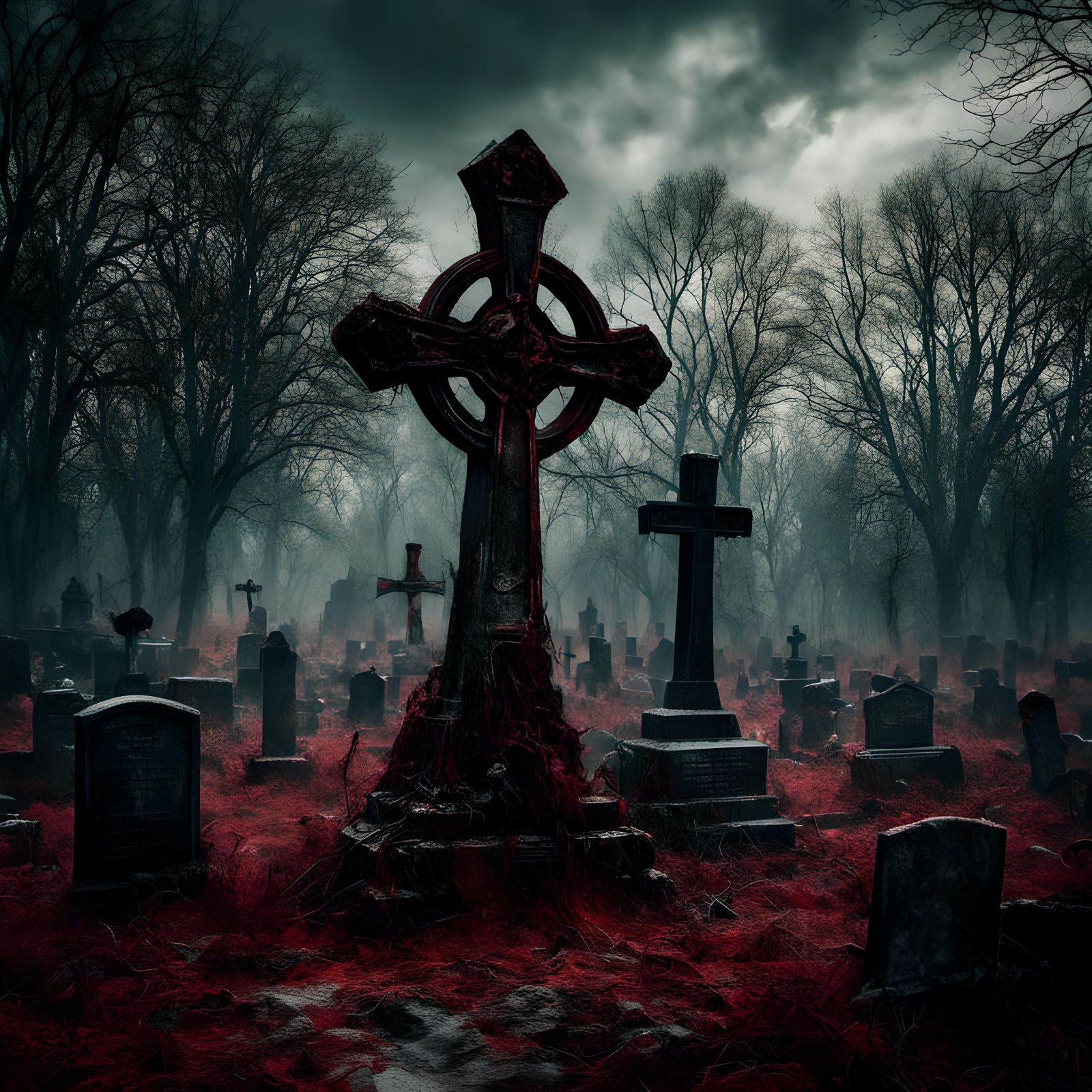 Broken Celtic Cross in Cemetery with Mystic Fog