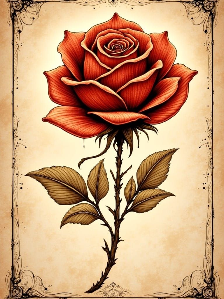 Terracotta Rose with Brick Petals in Watercolor Style