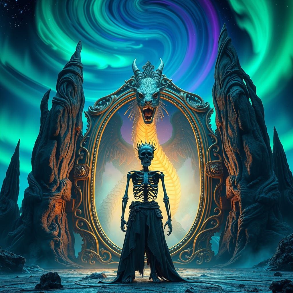 Skeleton King and Dragon Mirror Under Aurora Sky
