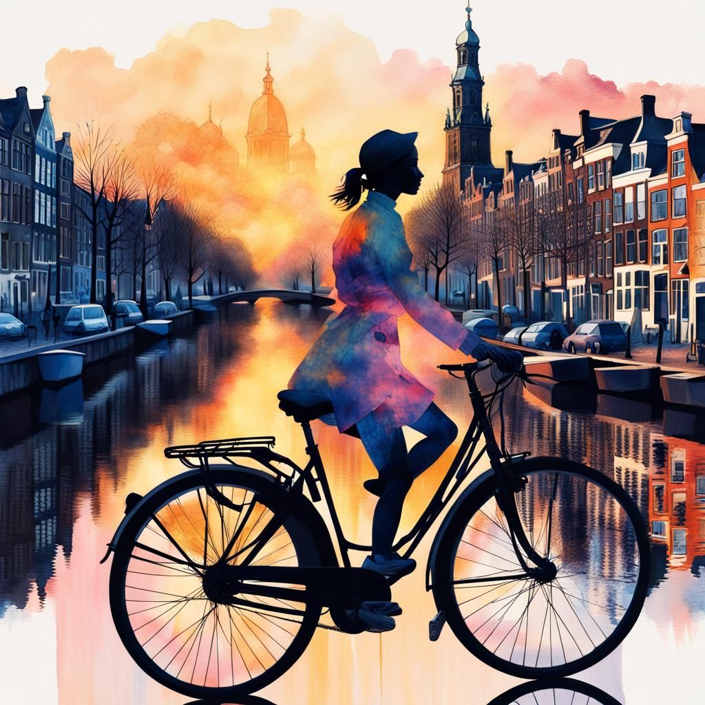 Bicycling Woman: Double Exposure Watercolor Art