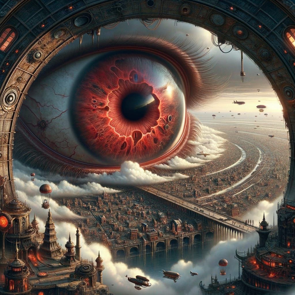 Blood-Red Eye Watches Over Steampunk Metropolis