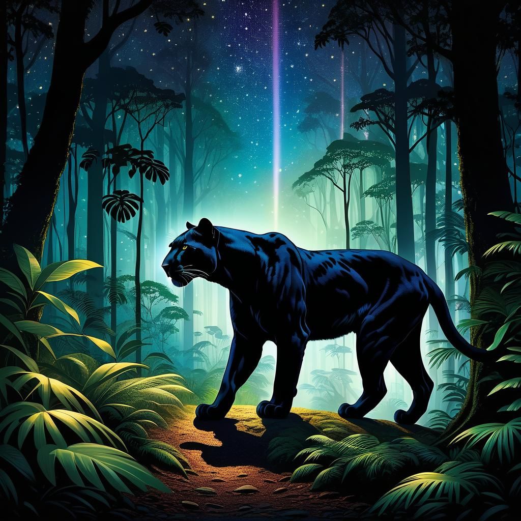 Panther in Rainforest at Night Under Dim Lights