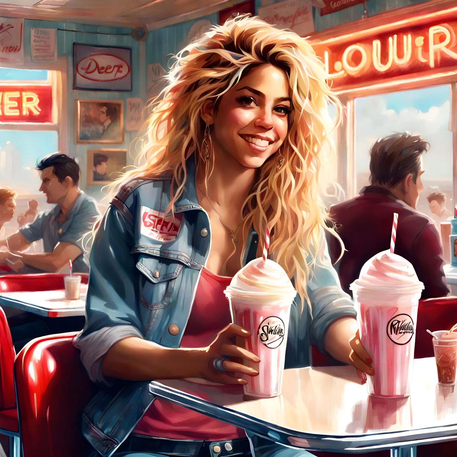 Shakira Portrait with Milkshake in Diner, Detailed Art