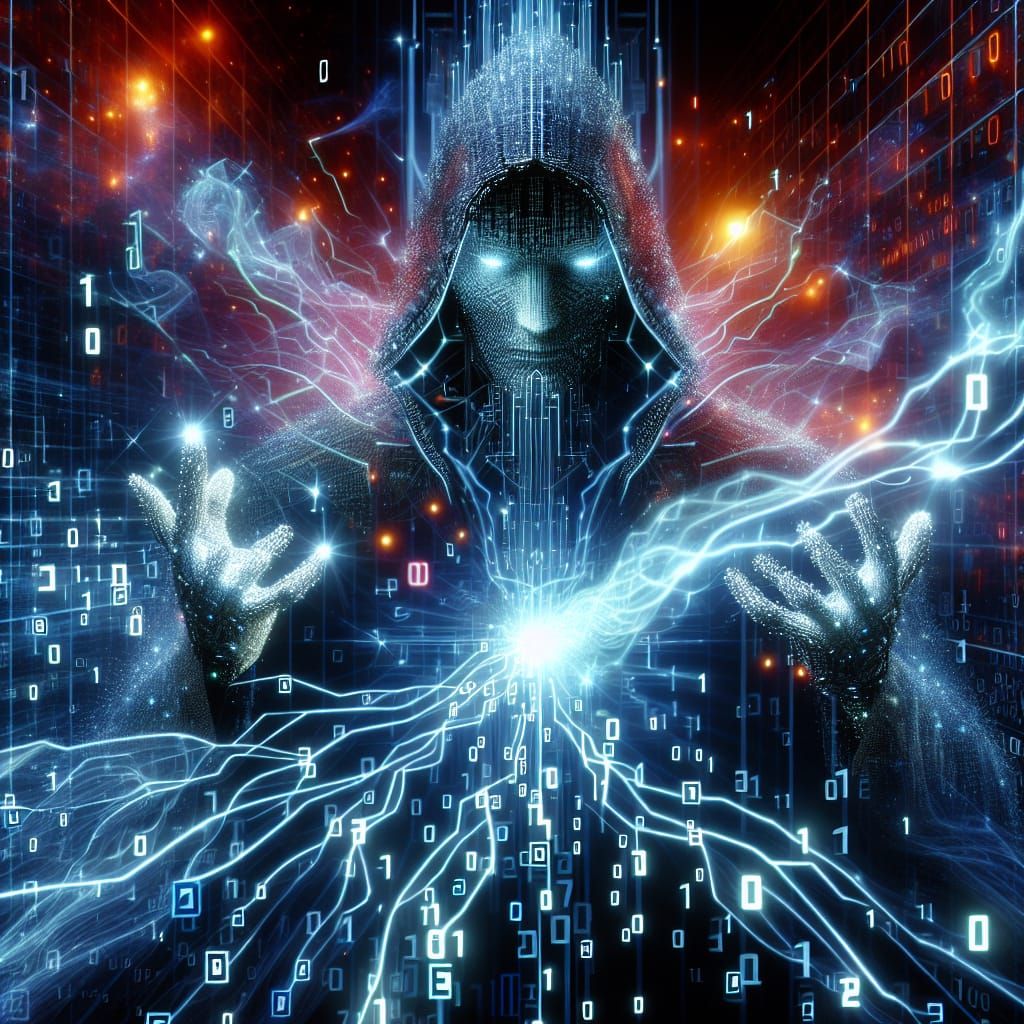Cyber Wizard Casting Spell in Digital Cosmos