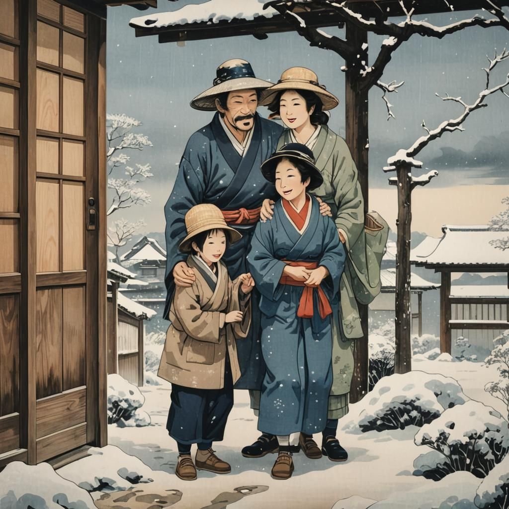 Family Reunion in Ukiyo-e Japanese Woodblock Style
