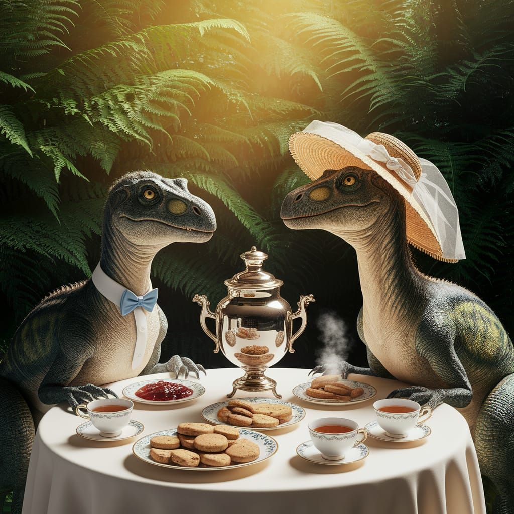 Velociraptors Enjoy Tea Party in Fern Clearing