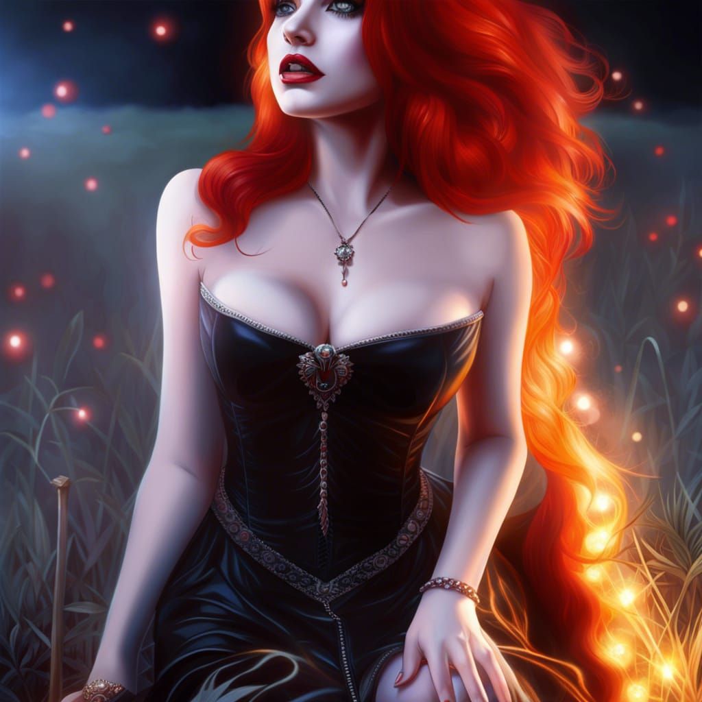 Redhead Vampire Kneeling in Dark Field at Night
