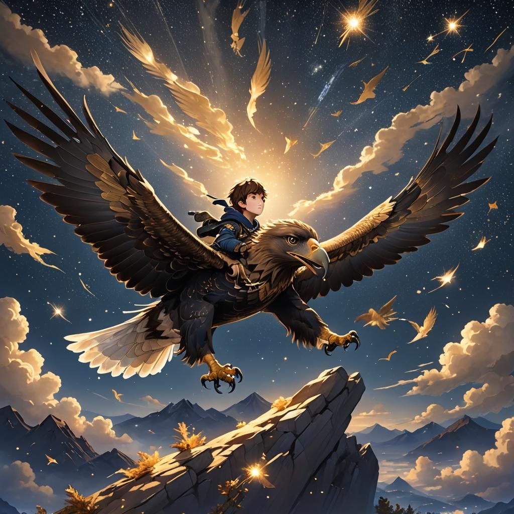 Boy on Golden Eagle Soaring Through Starry Night