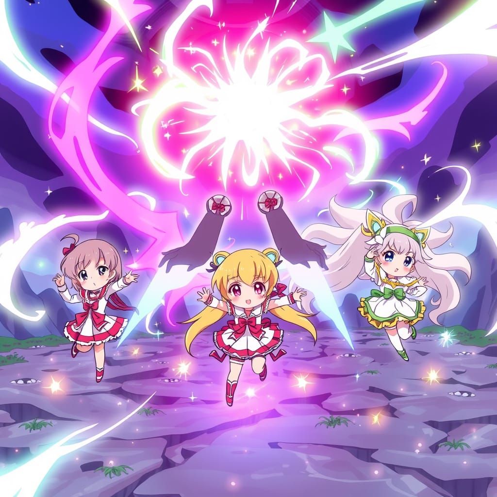Magical Girls Transform with Swirling Light Ribbons