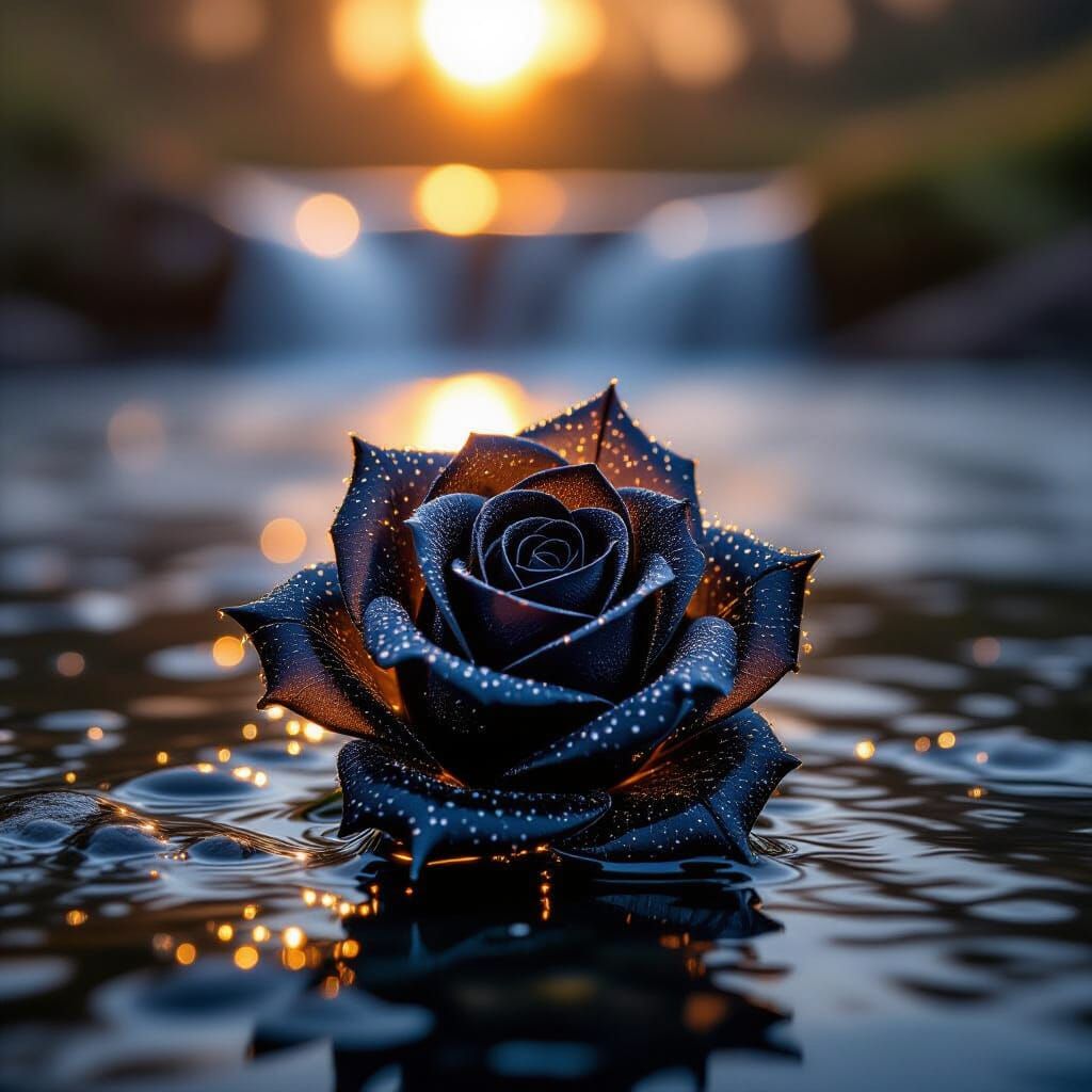 Translucent Black Spider Web Rose with Dew on River Bank