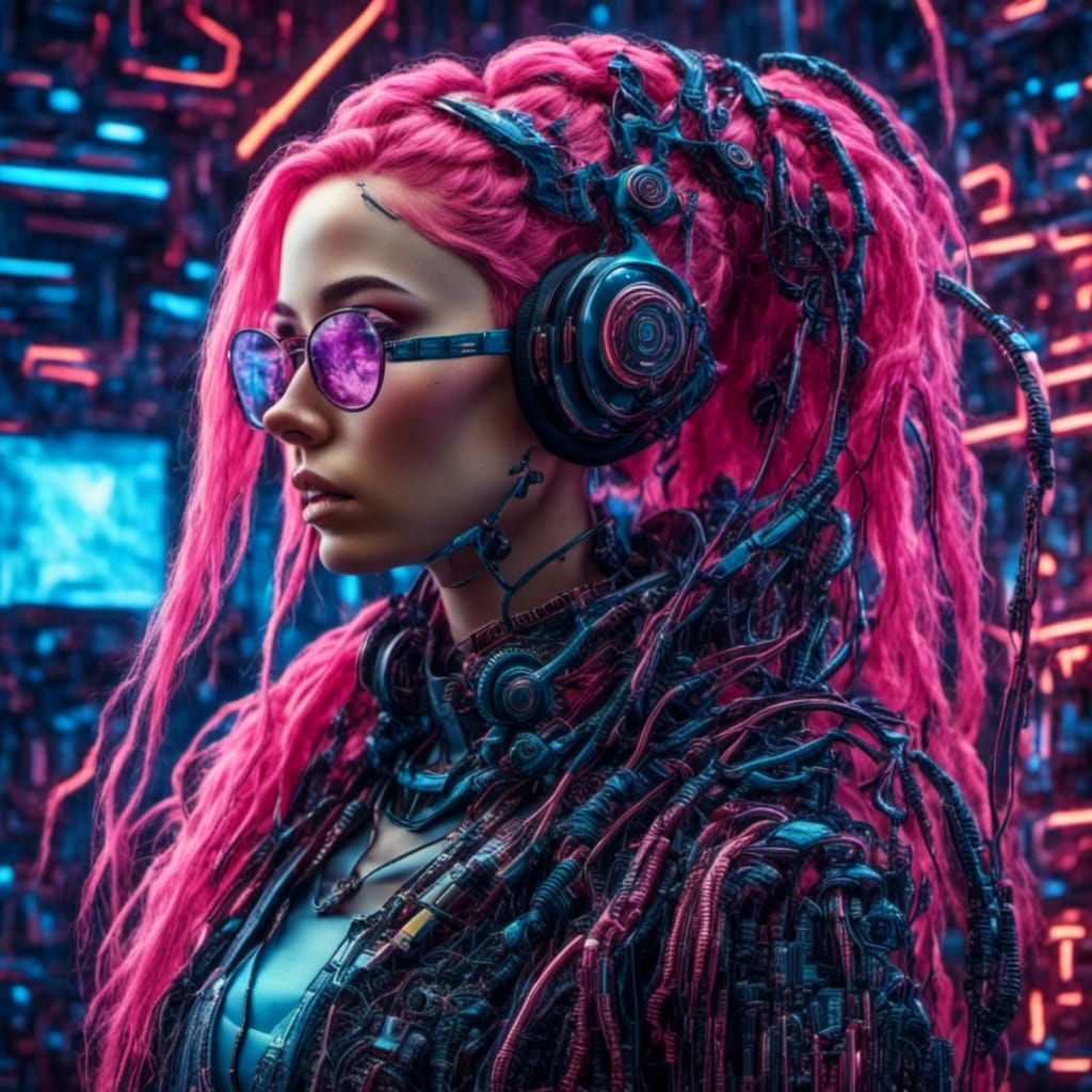 Cyberpunk Woman Working on Laptop with Pink Hair