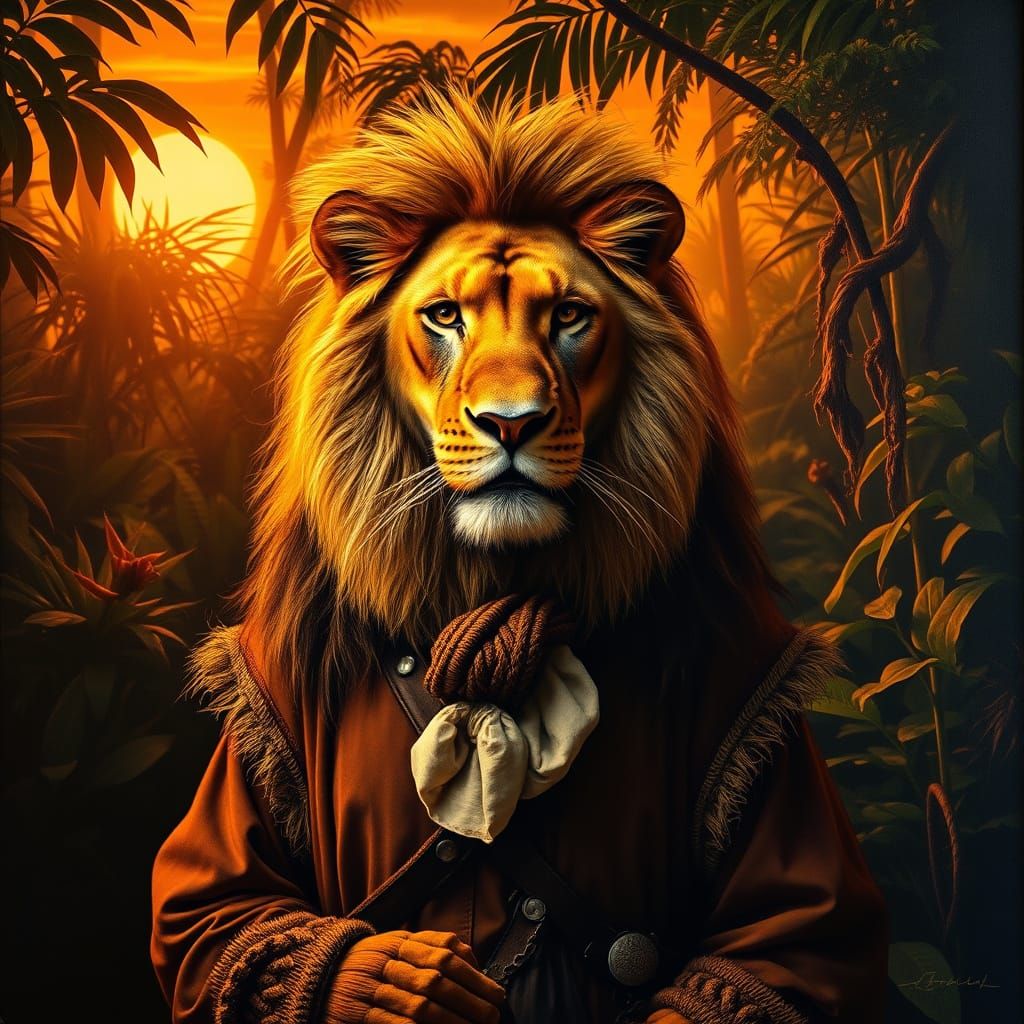 Lion Explorer in Jungle, Oil Painting Style