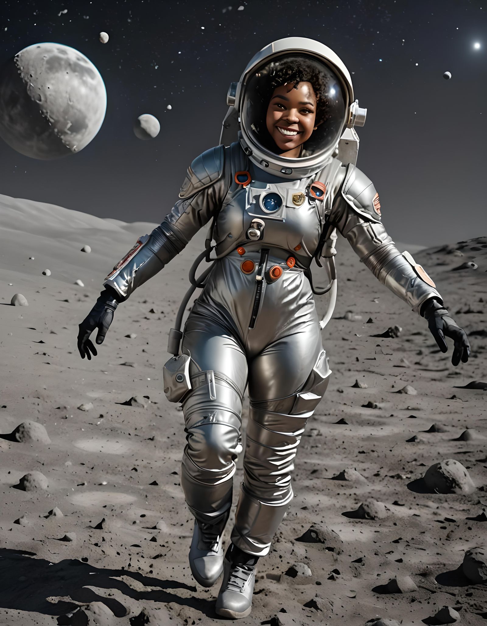 Voluptuous Astronaut Happily Hopping on the Moon