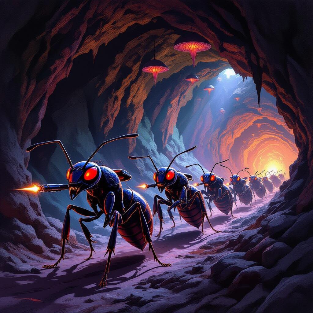Giant Ant Army in Glowing Cave, Oil Painting Style