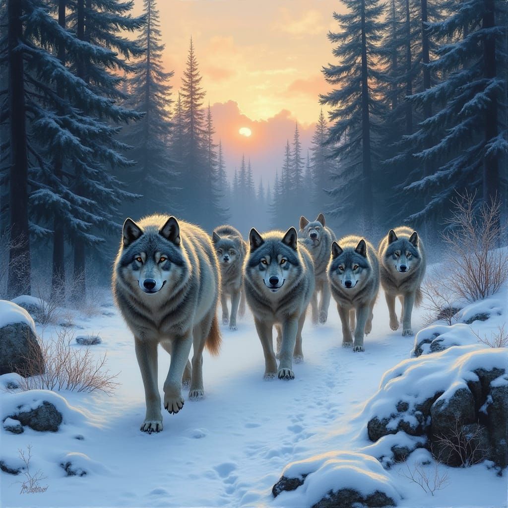 Timber Wolves Roaming a Snowy Forest at Dusk