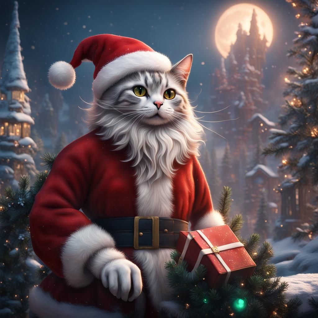 Fantastical Santa Cat in Detailed Matte Painting