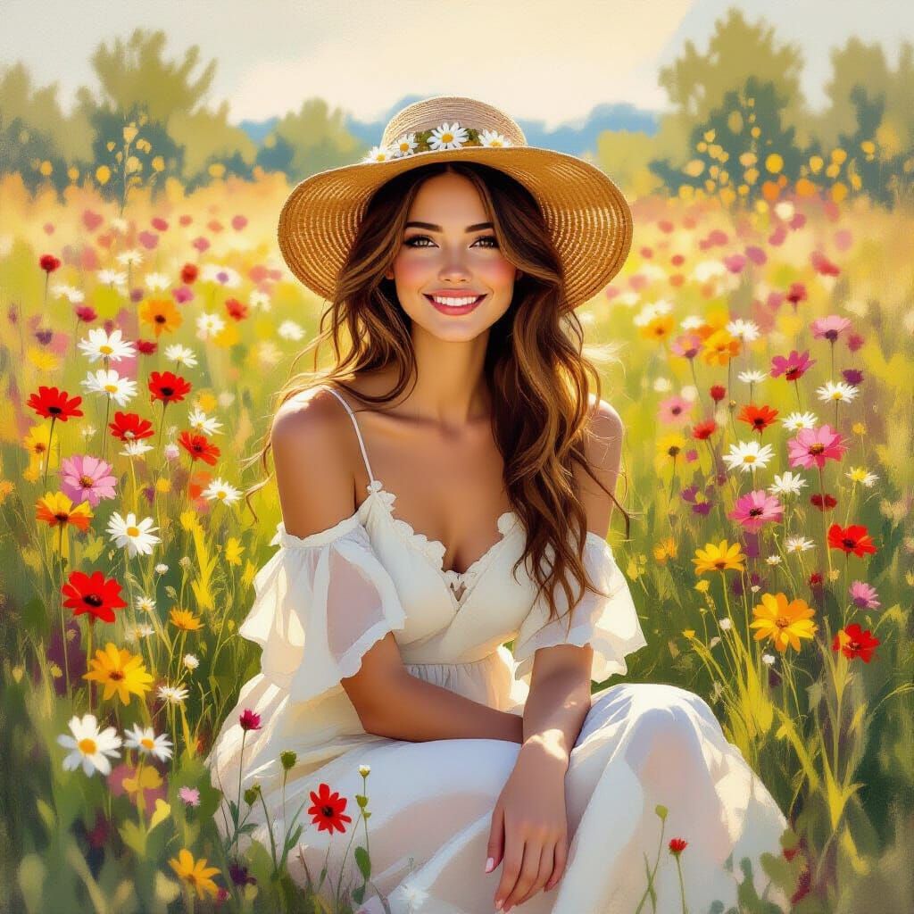 Woman in Wildflower Field: Impressionistic Style