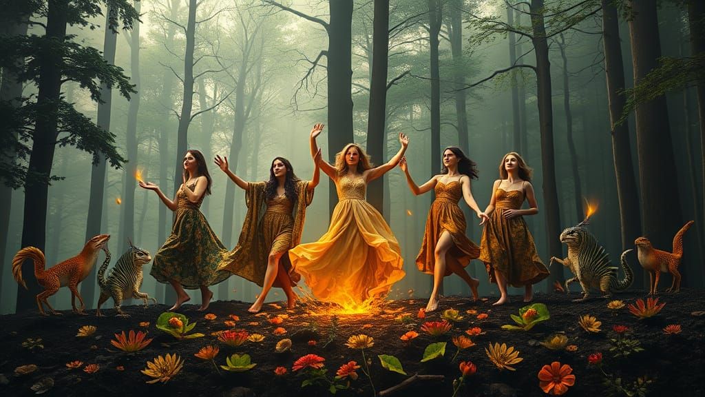 Seven Women Emerge from the Forest Floor in Vibrant, Etherea...