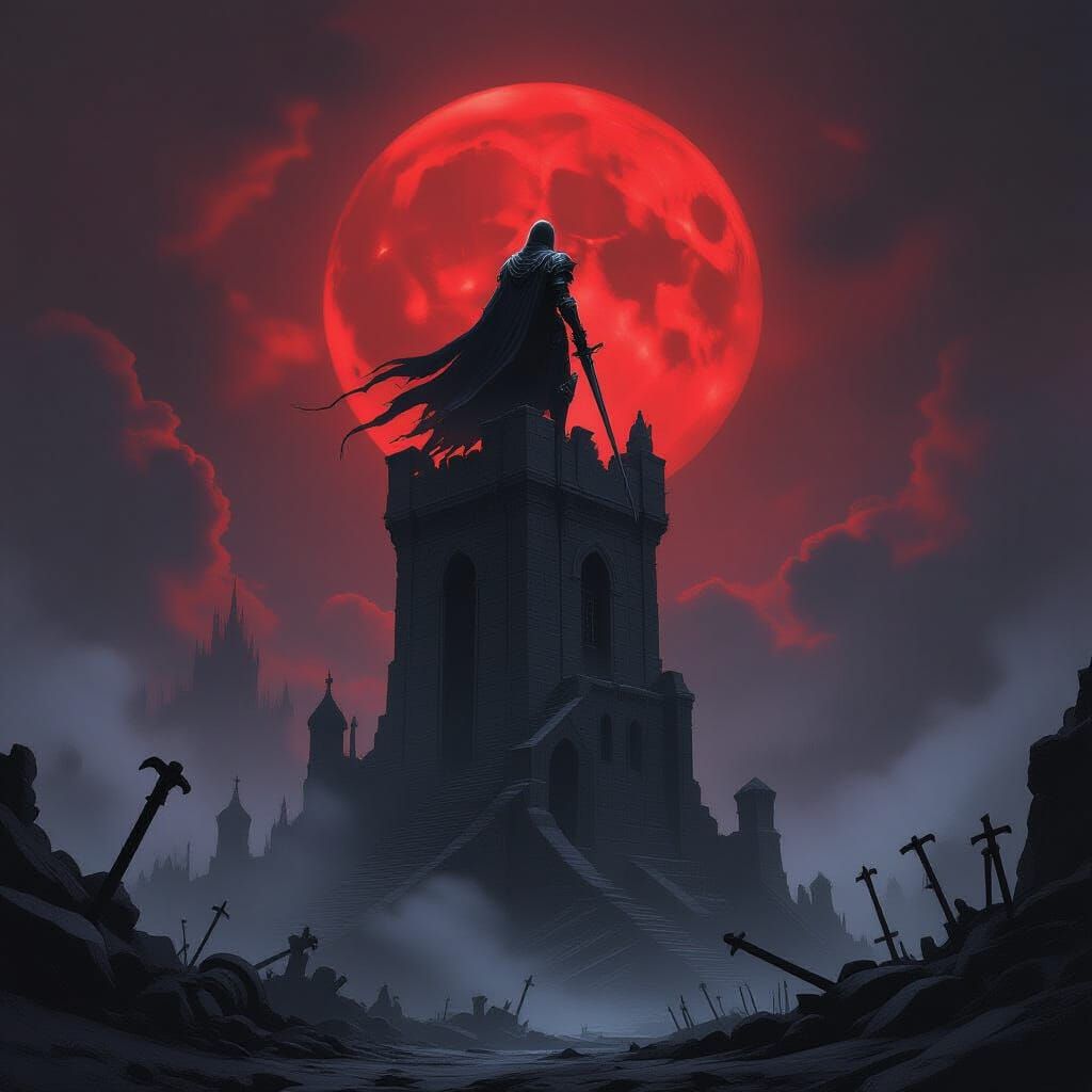Spectral Knight Guards Tower Under Blood Moon