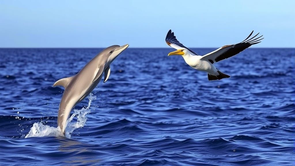 Dolphin Leaping Beside Albatross in Flight