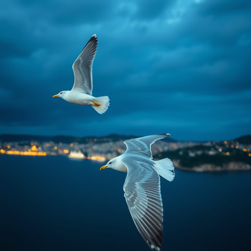 Dramatic Seagulls Over Moody Ocean and Cityscape