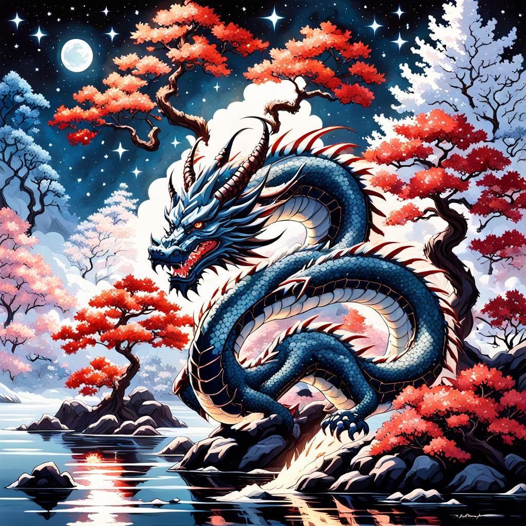 Ethereal Dragon Among Crystals and Sakura Trees