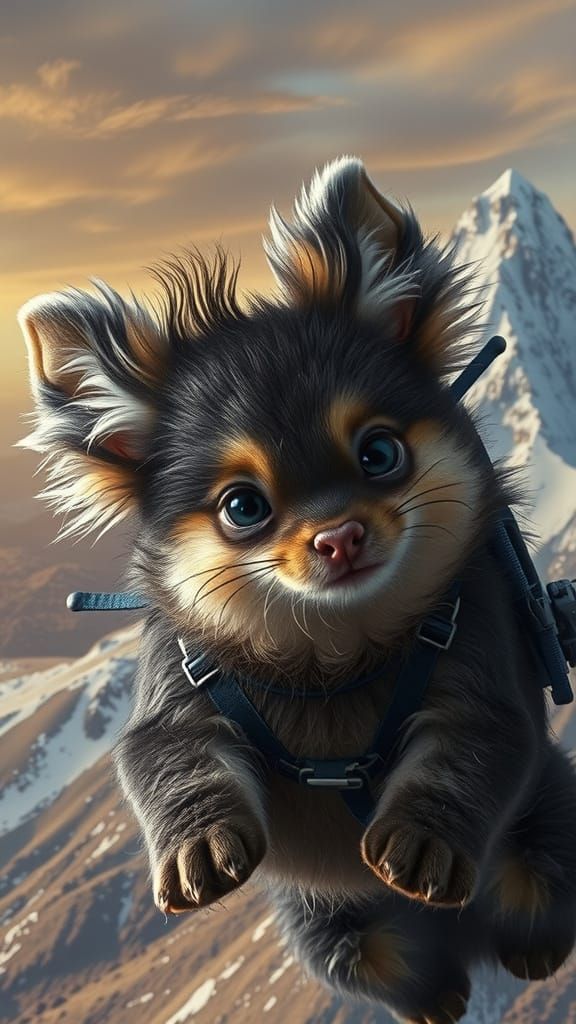 Pomchi Dragon Soaring Over Mountain Landscape