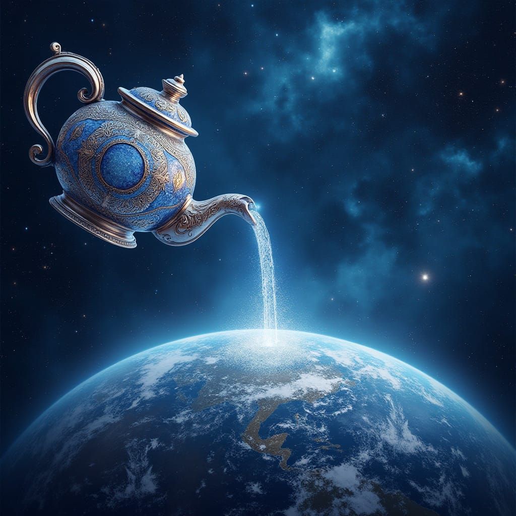 A Cosmic Tea Pot Spills Liquid Silver onto Earth in Space