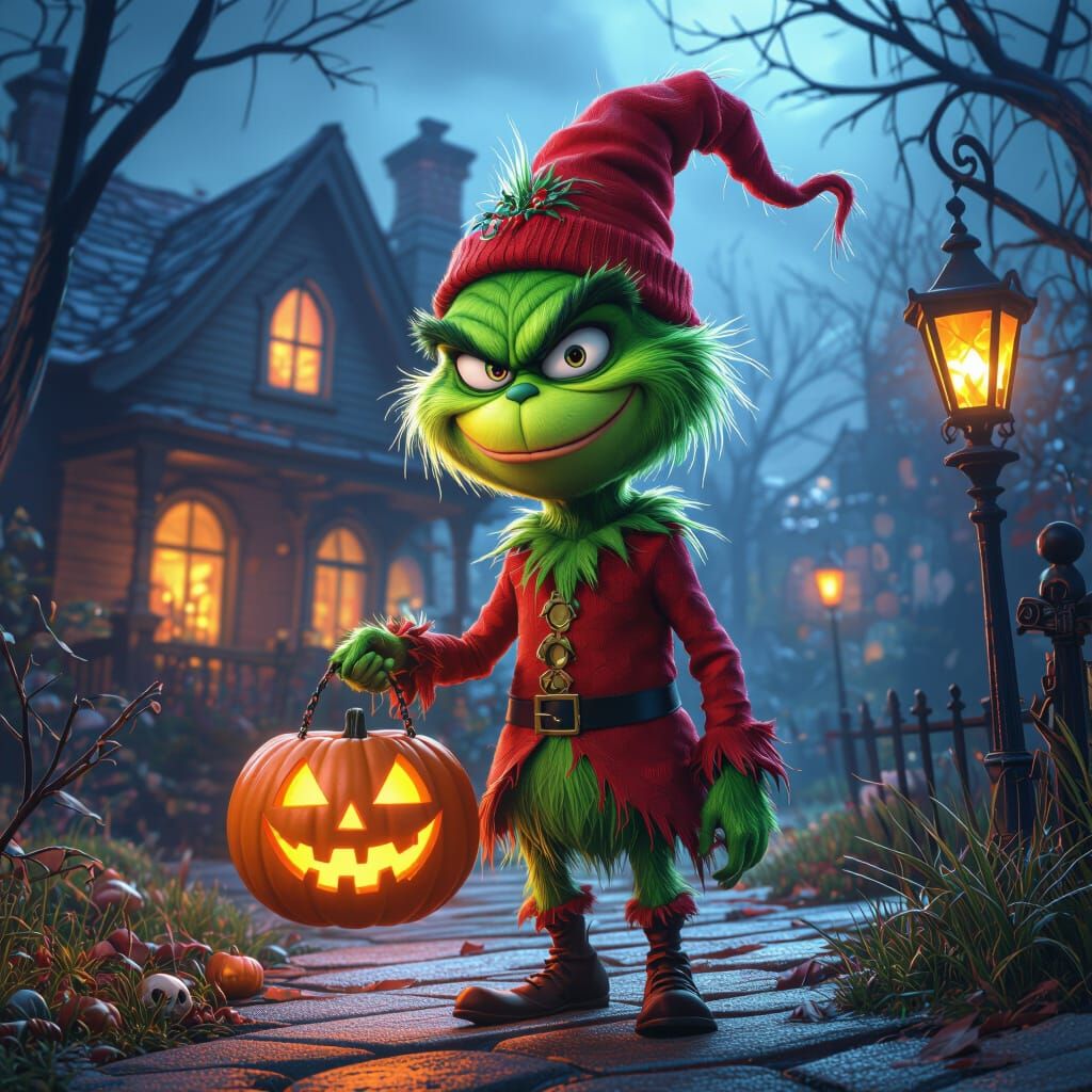 Grinch Trick-or-Treating at Nightmare Before Christmas House