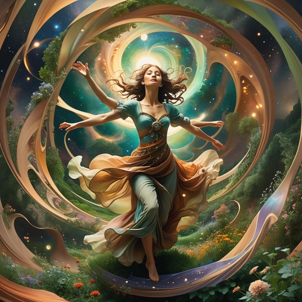 Ethereal Dancer in Vibrant Landscape, Hyper-realistic
