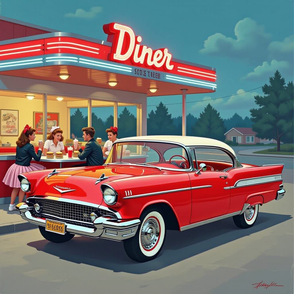 1957 Chevy Bel Air at a 1950s Diner, Photorealistic