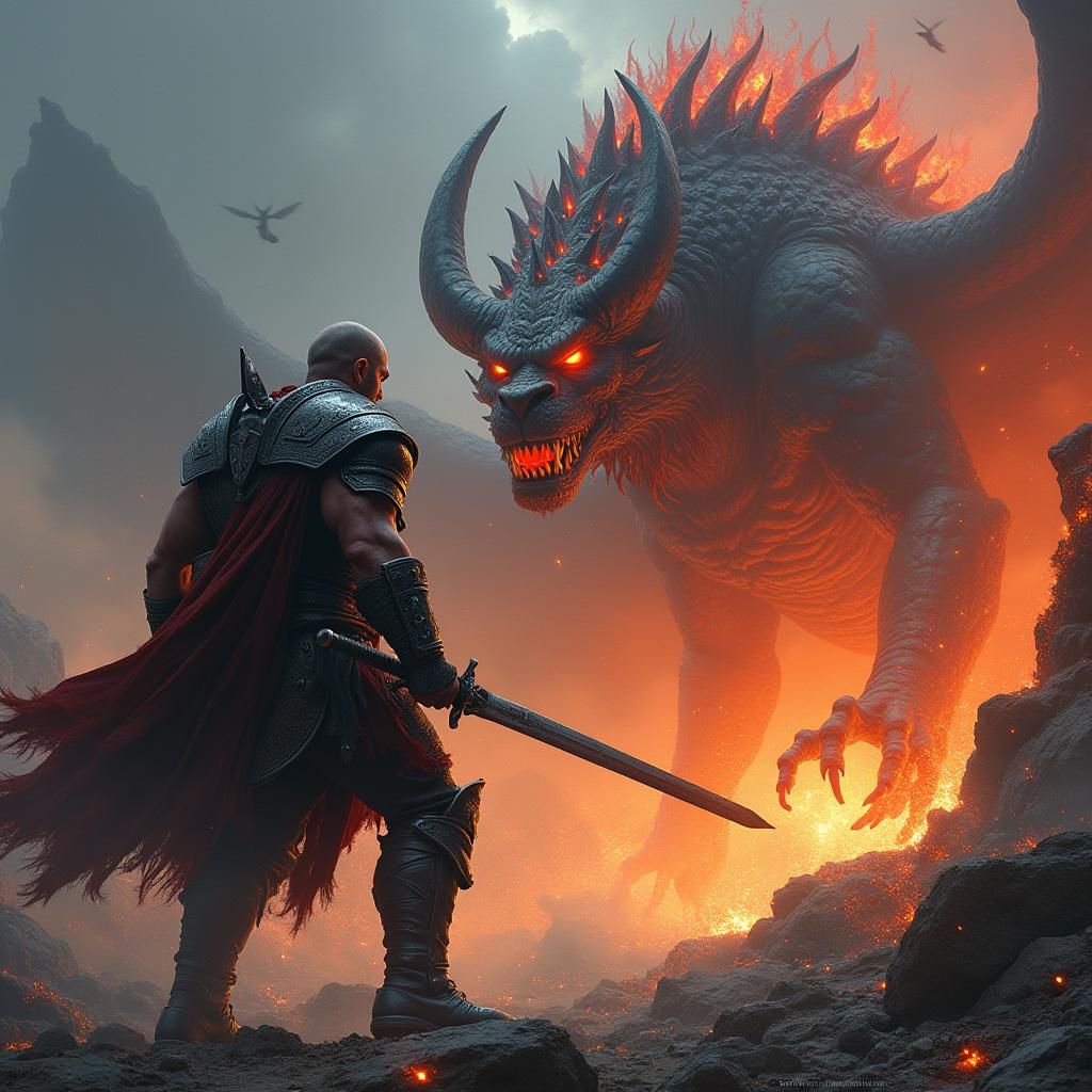 Epic Warrior Confronts Behemoth in Mystical Realm