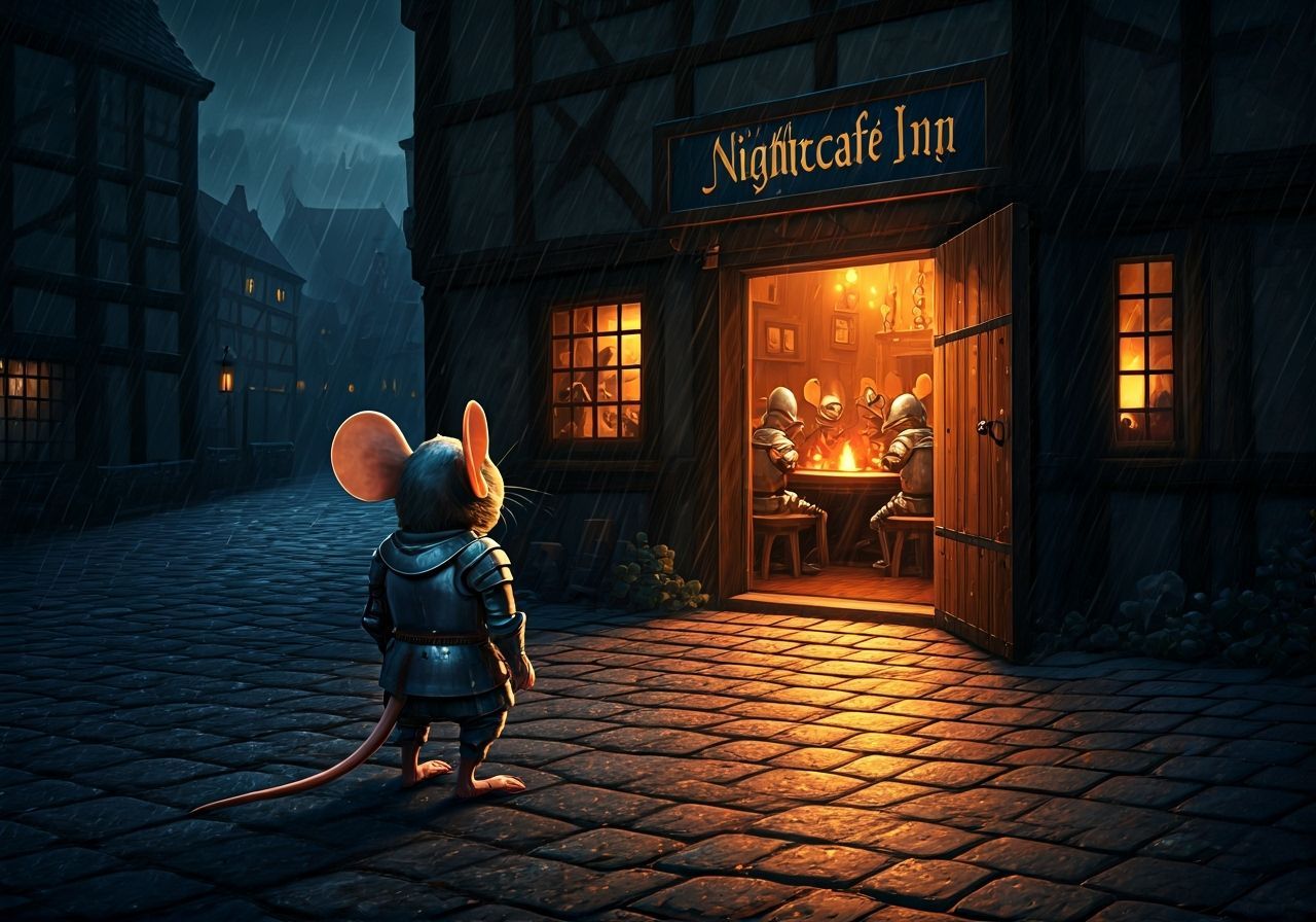 Mouse Knight Gazes at Cozy Inn in Moody Style