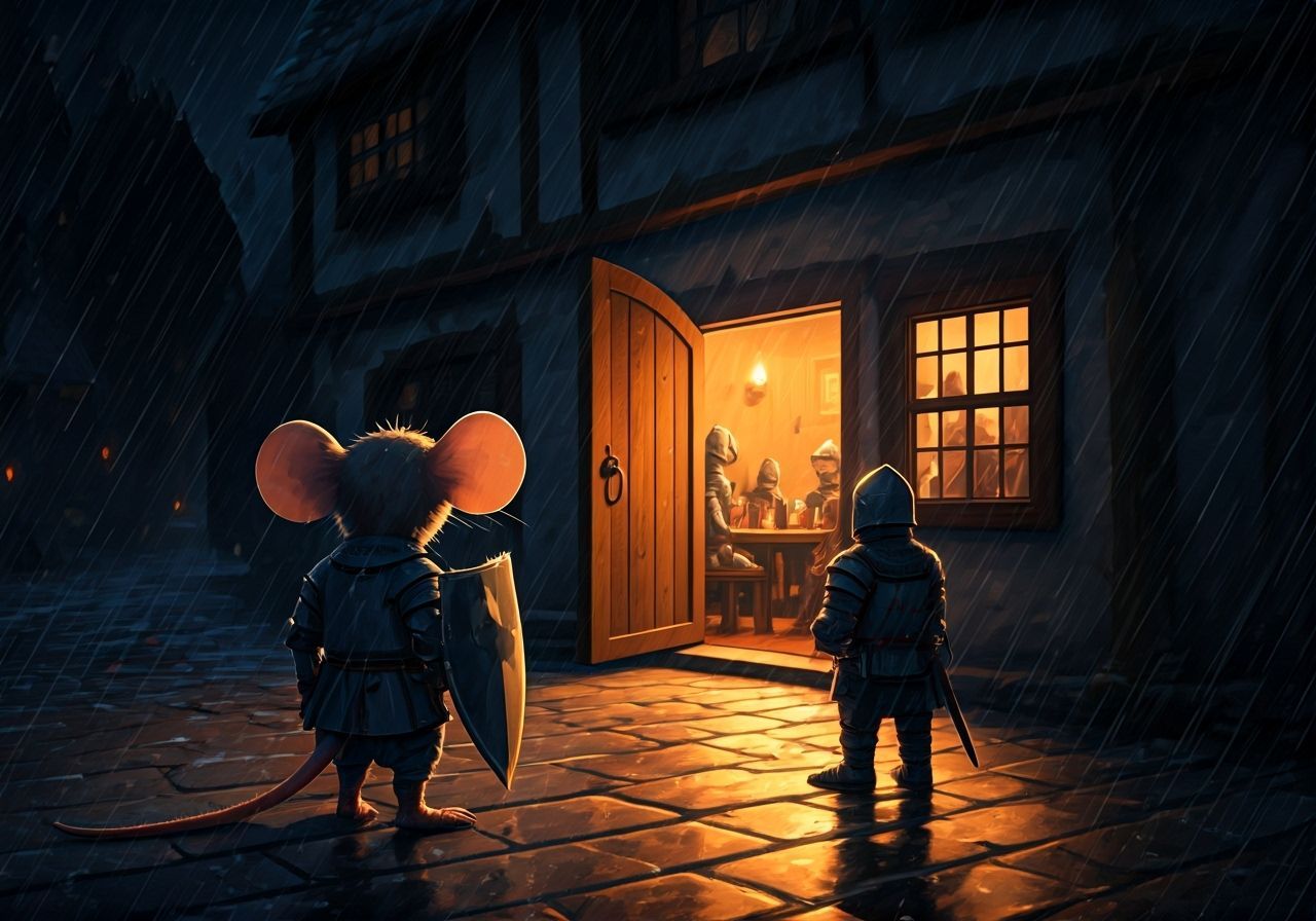 Mouse Knight Gazes at Cozy Tavern in Rain