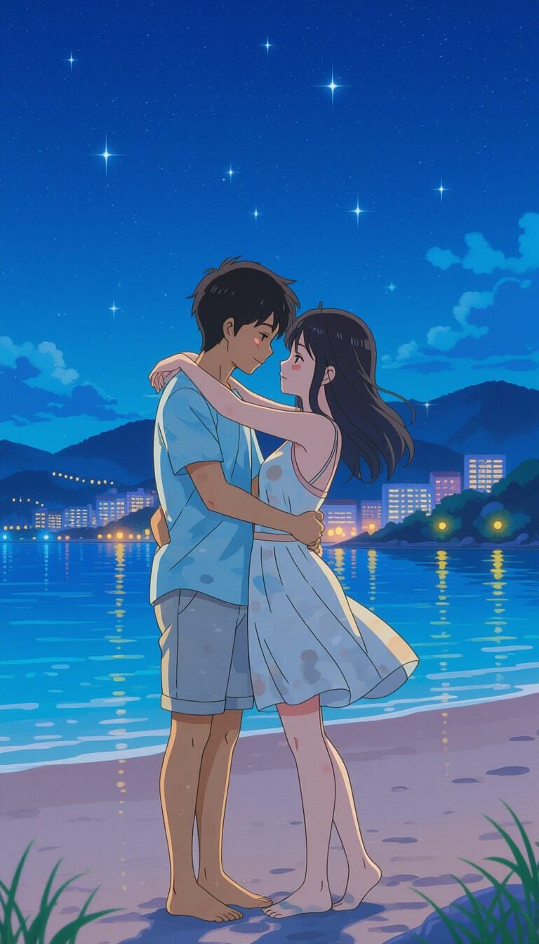 Romantic Anime Couple Embrace Under Starry Night Sky