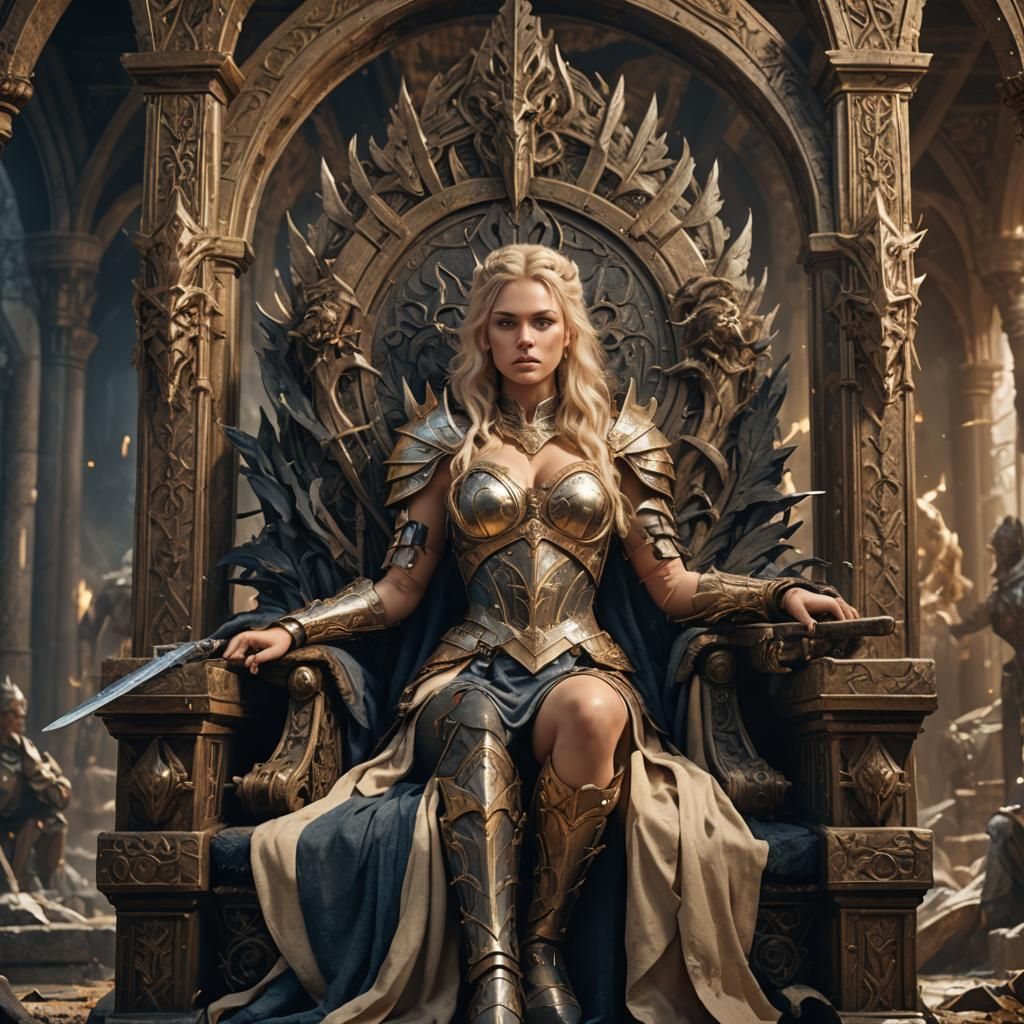 Blonde Warrior Woman on Throne in Detailed Digital Art