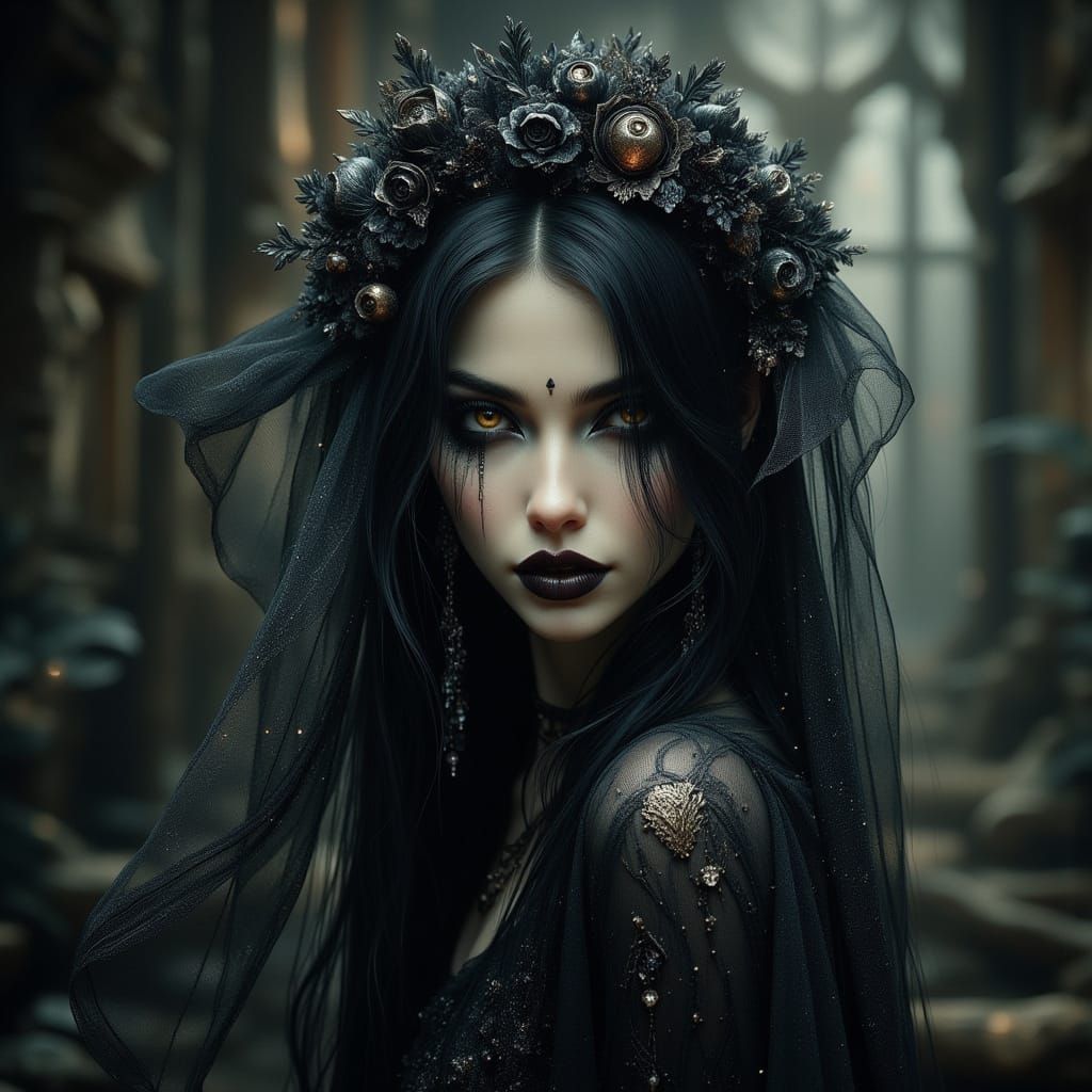 Gothic Bride with Laughing Cat in Black Gown