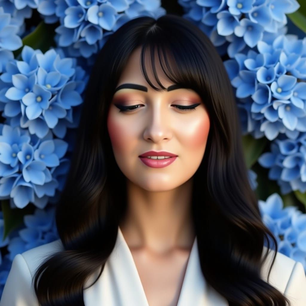 Woman with Hydrangeas in Film Photography Style
