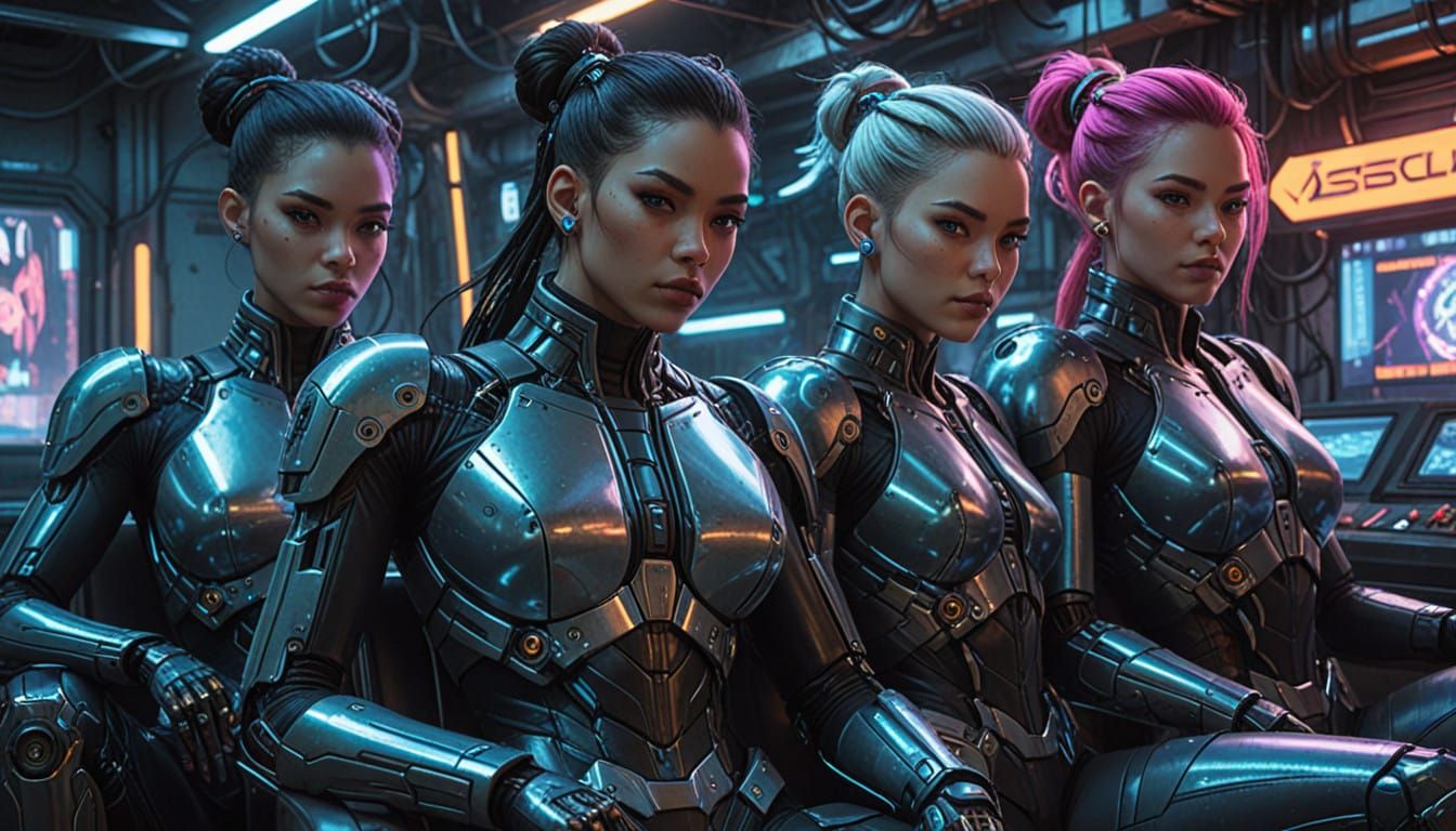 Fierce Cyberpunk Goddesses Pose in Neon-Lit Futurism
