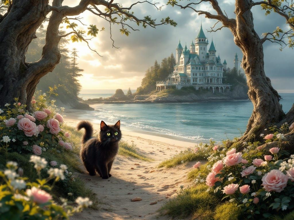 Majestic Cat Strolls Down Nordic Forest Slope to Turquoise B...