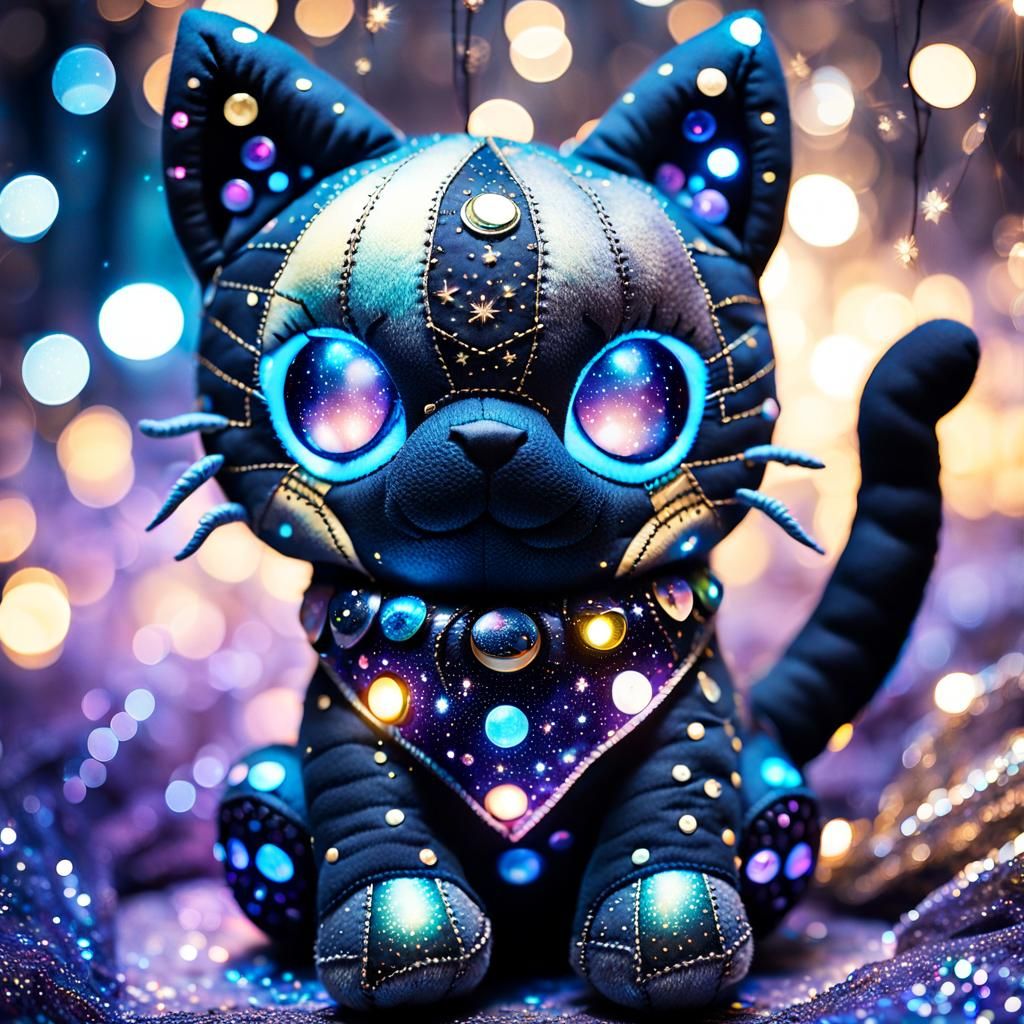 Glowing-Eyed Cat Plush in Cyberpunk Dark Fantasy