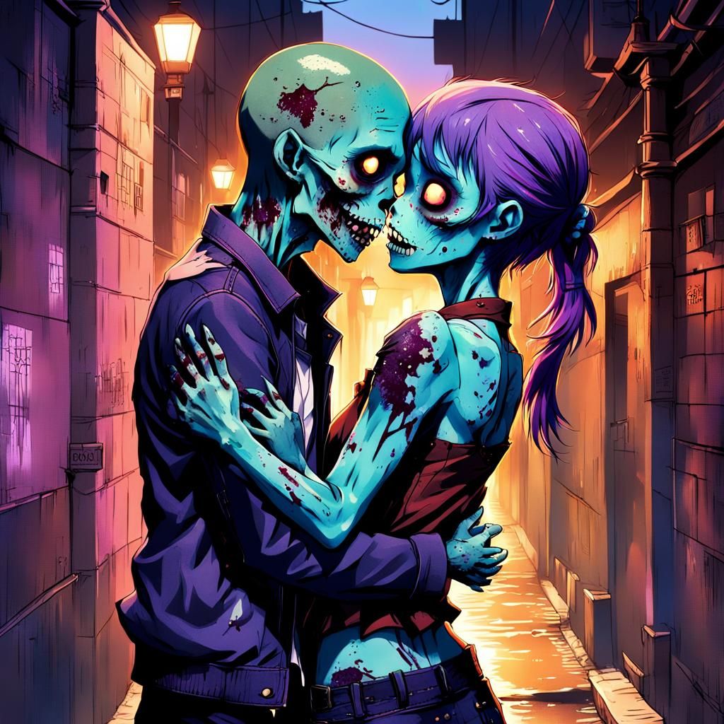 Zombie Boy Embracing Girlfriend: Anime Style Illustration