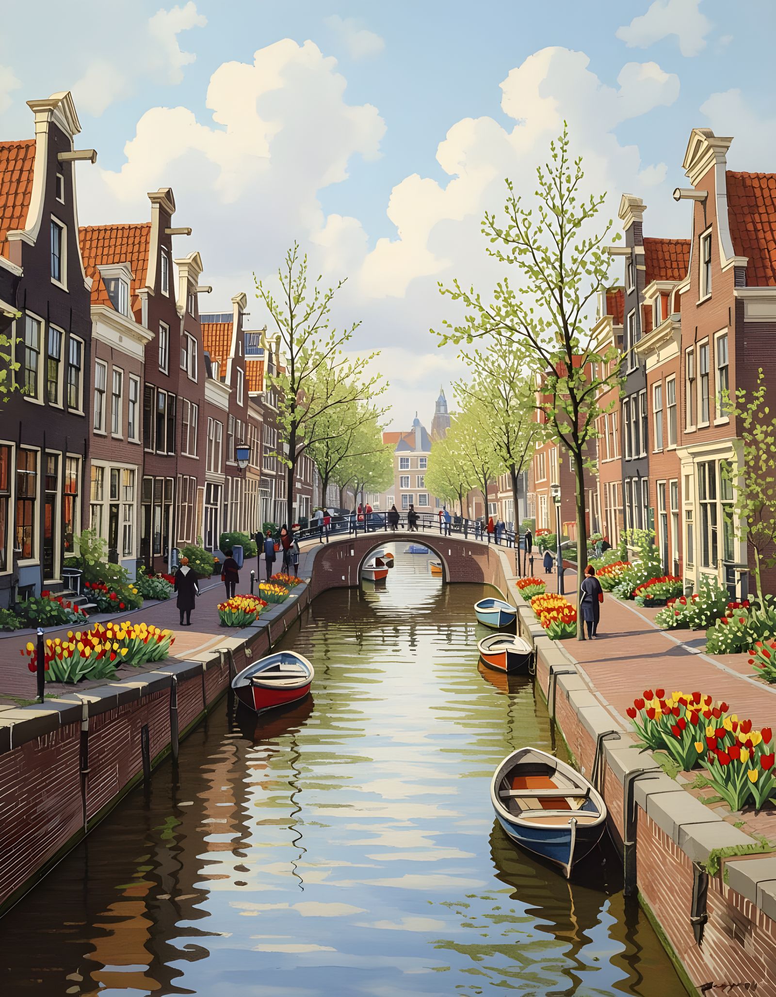 1860s Amsterdam Canal Scene: An Oil Painting