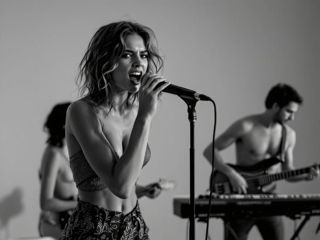 Moody Black and White Portrait of a Singer in Studio