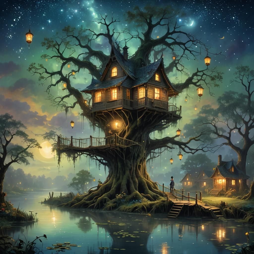 Ethereal Witch Treehouse in Starry Swamp Night