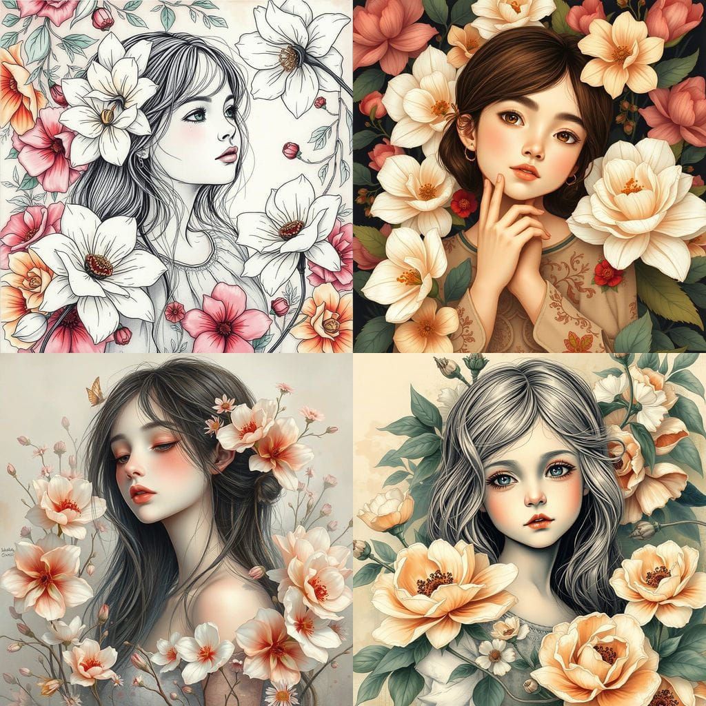 Elegant Girl in Harmonious Florals, as Oil Painting with Fin...