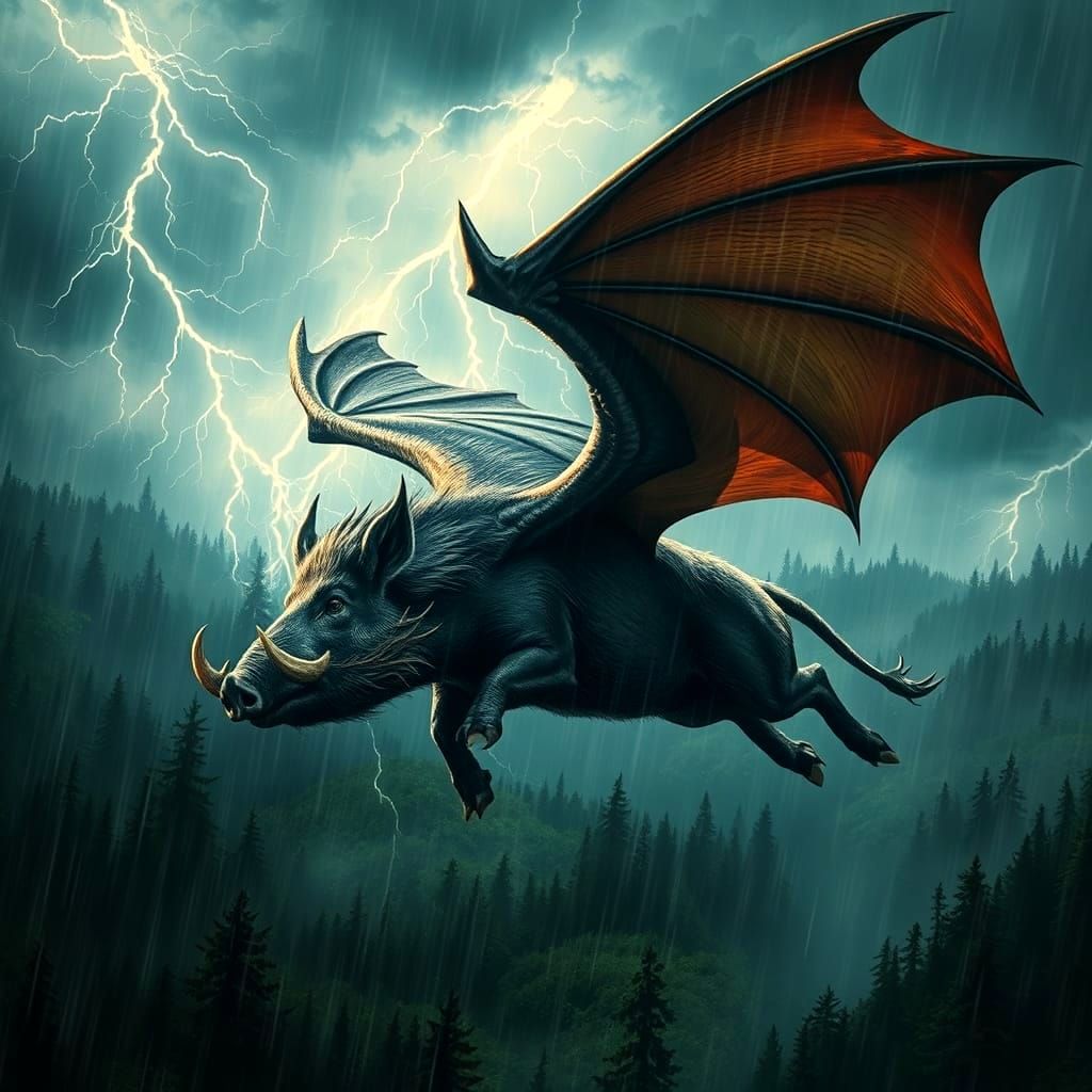 Dragon-winged Boar Soars Through Thunderstorm